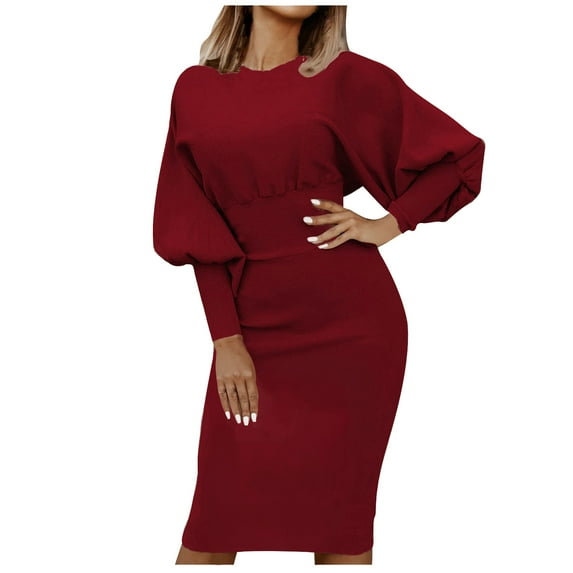 cfhntfmh Bodycon Dresses for Women Slim Crewneck Lantern Long Sleeve Midi Dress Fall Comfy Solid Color Pencil Dress