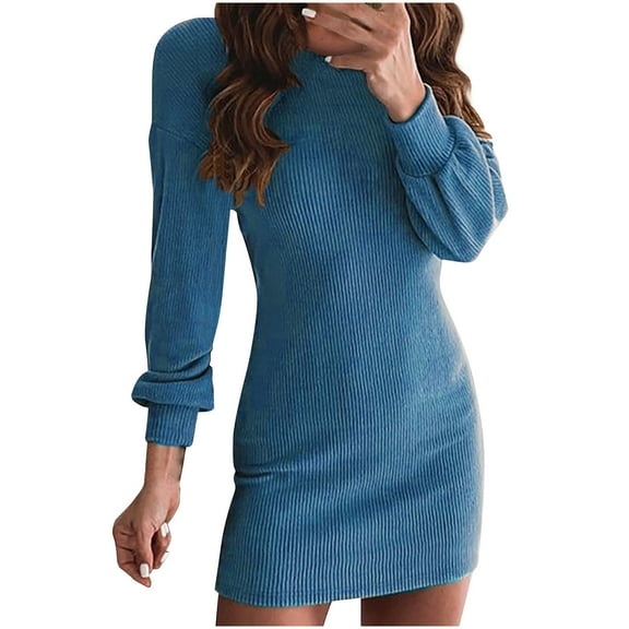 cfhntfmh Bodycon Dresses for Women Slim Crewneck Long Sleeve Ribbed Knit Mini Dress Fashion Back Cutout Party Dress