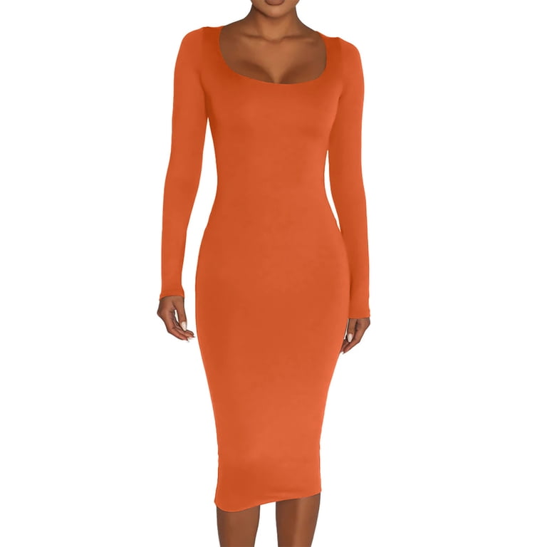 cfhntfmh Bodycon Dresses for Women Slim Scoop Neck Long Sleeve Midi Dress  Stretchy Party Clubwear Dress - Walmart.com
