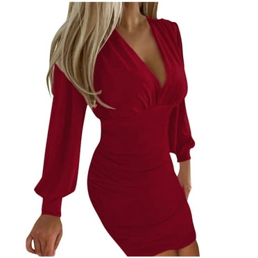 cfhntfmh Bodycon Dresses for Women V Neck Cocktail Dress Fall Fashion Long Sleeve Ruched Party Evening Mini Dress