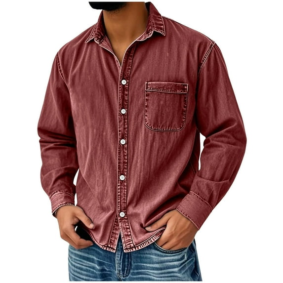 cfhntfmh Button down Shirts for Men Big and Tall Vintage Long Sleeve Cotton Work Shirts with Pocket Casual Washed Shirts