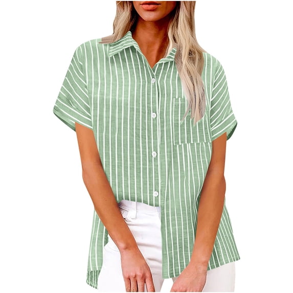 cfhntfmh Button down Shirts for Women Cotton Linen Summer Short Sleeve Dress Blouses Collared Beach Vacation Tops with Pocket