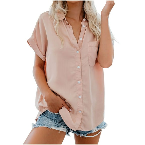cfhntfmh Button down Shirts for Women Short Sleeve Collared V Neck Blouse Solid Color Business Tops with Pocket