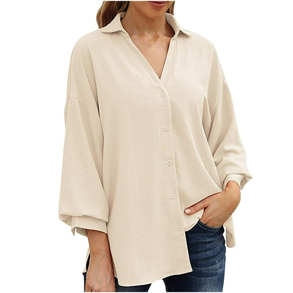 cfhntfmh Button down Shirts for Women V Neck Collared Dressy Casual Shirts Long Sleeve Blouse Soft Solid Office Work Tunic Top