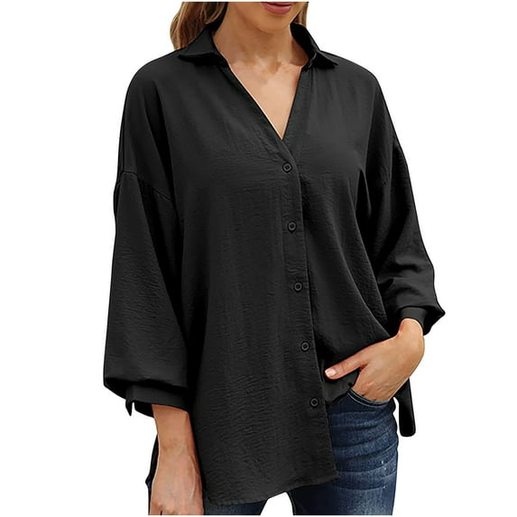 cfhntfmh Button down Shirts for Women V Neck Collared Dressy Casual Shirts Long Sleeve Blouse Soft Solid Office Work Tunic Top