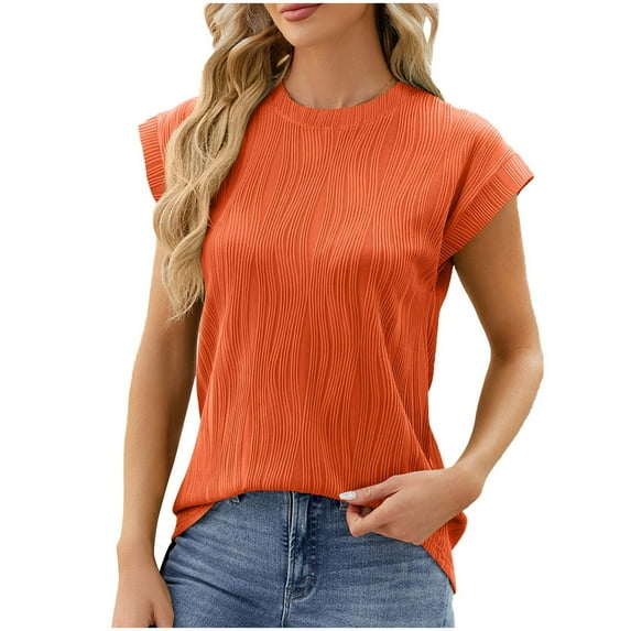 cfhntfmh Cap Sleeve Tops for Women Dressy Loose Crewneck Textured Tops Cute Summer Basic Plain T-Shirts