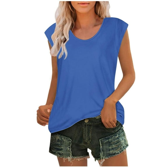 cfhntfmh Cap Sleeve Tops for Women Summer Round Neck Baggy Basic Tee Shirts Casual Comfy Plain Blouses