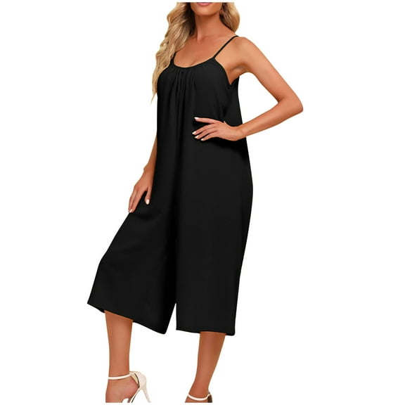 cfhntfmh Capri Jumpsuit for Women Sleeveless Scoop Neck Casual Pleated Spaghetti Strap Romper Loose Palazzo Cropped Pants