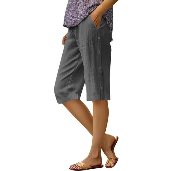 cfhntfmh Capri Pants for Women Summer Bermuda Shorts Wide Leg Cropped Cotton Linen Pants Casual Beach Vacation Capris with Pockets