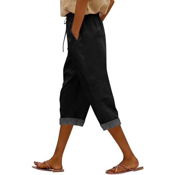 cfhntfmh Capri Pants for Women Casual Summer Drawstring Cropped Trousers Elastic High Waist Wide Leg Loose Vacation Pant