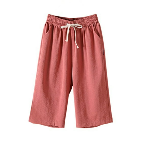 cfhntfmh Capri Pants for Women Casual Summer Elastic Waist Cropped Pants Plus Size Wide Leg Loose Trousers with Pockets