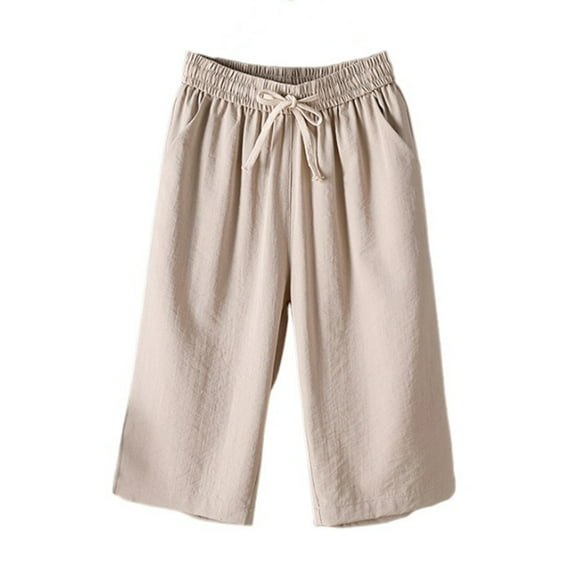 cfhntfmh Capri Pants for Women Casual Summer Elastic Waist Cropped Pants Plus Size Wide Leg Loose Trousers with Pockets