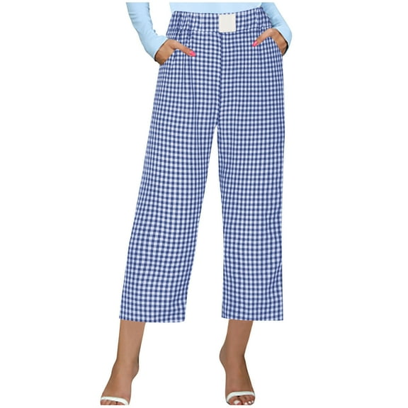 cfhntfmh Capri Pants for Women Casual Summer High Waist Cropped Trousers Lounge Plaid Print Comfy Pocketed Outfits