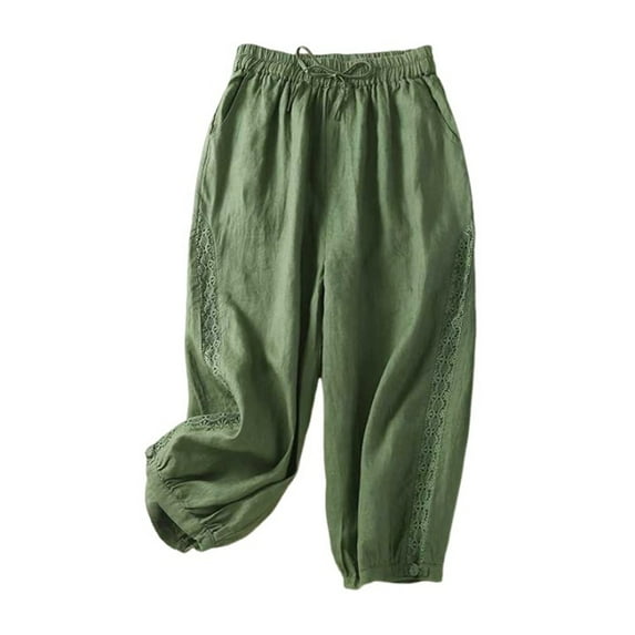 cfhntfmh Capri Pants for Women Elastic Waist Lace Trim Crop Pants Cotton Linen Drawstring Pocketed Loungewear Trousers
