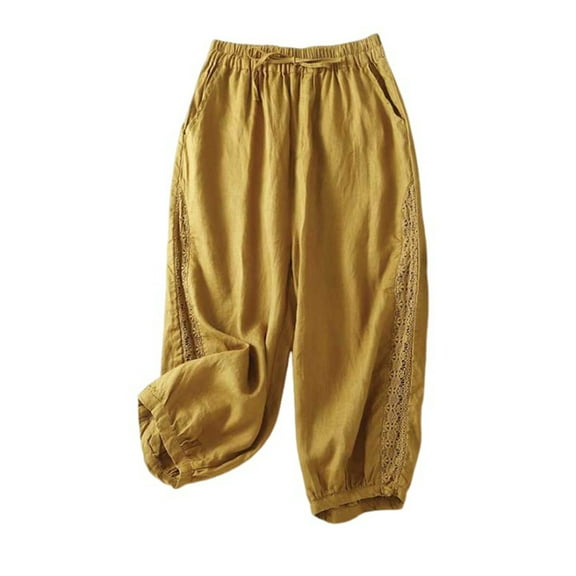 cfhntfmh Capri Pants for Women Elastic Waist Lace Trim Crop Pants Cotton Linen Drawstring Pocketed Loungewear Trousers