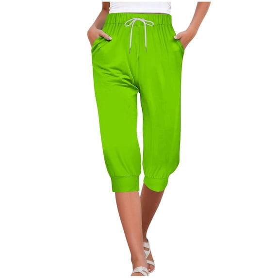 cfhntfmh Capri Pants for Women High Elastic Waist Lounge Crop Pants Summer Beach Drawstring Jogger Pants with Pockets
