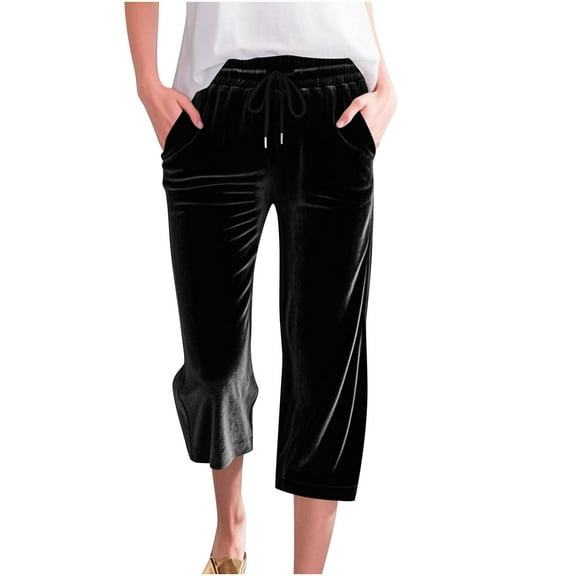 cfhntfmh Capri Pants for Women Soft Casual Drawstring Elastic High Waist Velvet Pant Straight Wide Leg Cropped Trouser