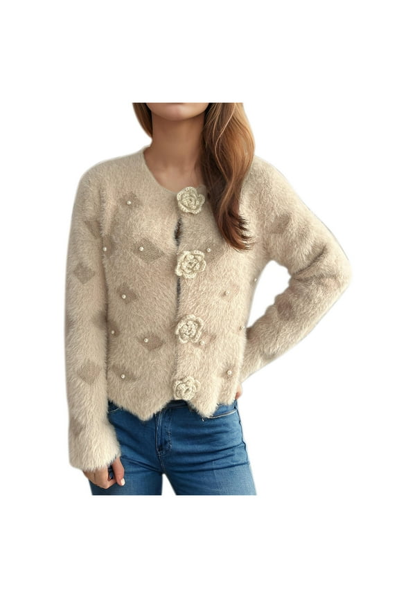 Cardigan Sweater for Women Fuzzy Warm Fleece Long Sleeve Cropped Jackets Soft Crewneck Trim Plush Outerwear