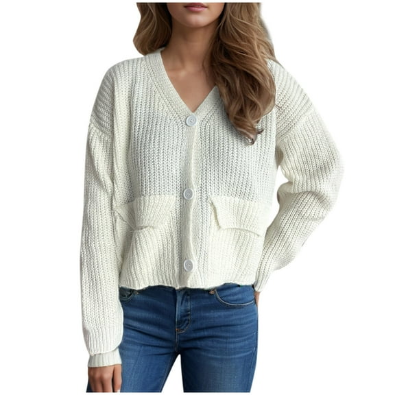 cfhntfmh Cardigan Sweaters for Women with Pockets Long Sleeve Open Front Cable Knit Crop Cardigans V Neck Button Sweaters（White,Small)
