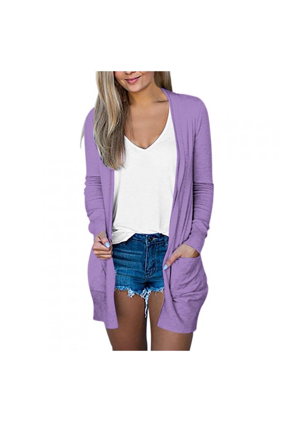 Cardigan for Women Fashion Open Front Long Jackets Summer Loose Long Sleeve Plain Cardigans with Pockets