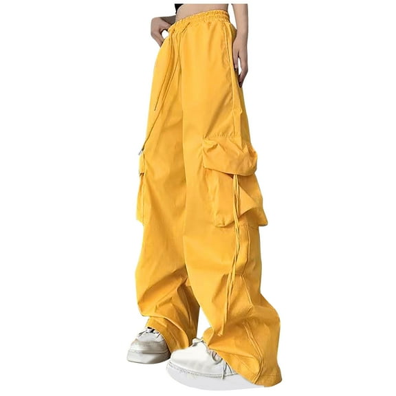 cfhntfmh Cargo Pants Women Baggy Elastic Waist Drawstring Track Pants Lightweight Wide Leg Trousers Streetwear with Pockets Yellow