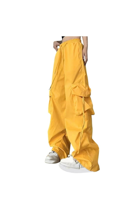 Cargo Pants Women Baggy Elastic Waist Drawstring Track Pants Lightweight Wide Leg Trousers Streetwear with Pockets Yellow