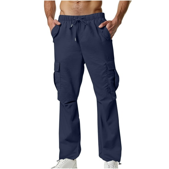 cfhntfmh Cargo Pants for Men Drawstring Solid Color Trousers Elastic Waist Cargo Pants Breathable Comfy Athletic Workout Hiking Pants（Navy,Medium)