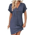 thumbnail image 1 of cfhntfmh Casual Dress for Women Short Sleeve V Neck Half Buttons Lounge Mini Dress Summer Baggy Shirts Dress, 1 of 4