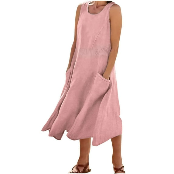 cfhntfmh Casual Dress for Women Summer Round Neck Tank Dress Sleeveless Flowy Plain Vacation Midi Dress with Pockets