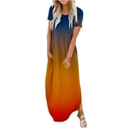 CFHNTFMH Casual Dresses for Women Crewneck Short Sleeve Long T-Shirt Dress Gradient Print Baggy Beach Maxi Dress with Pockets