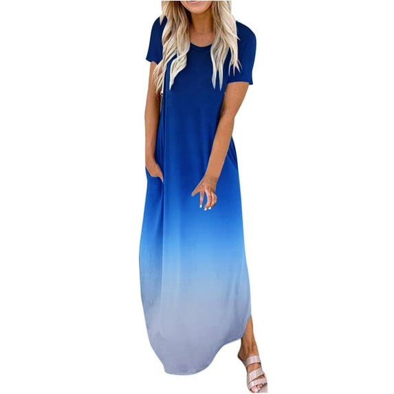 cfhntfmh Casual Dresses for Women Crewneck Short Sleeve Long T-Shirt Dress Gradient Print Baggy Beach Maxi Dress with Pockets
