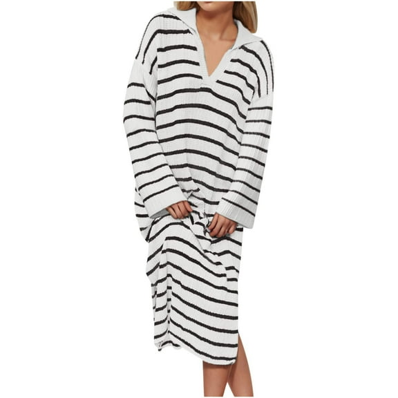 cfhntfmh Casual Dresses for Women Fall Baggy Long Sleeve V Neck Striped Midi Dress Lounge Side Slit Oversized Sweater Dress