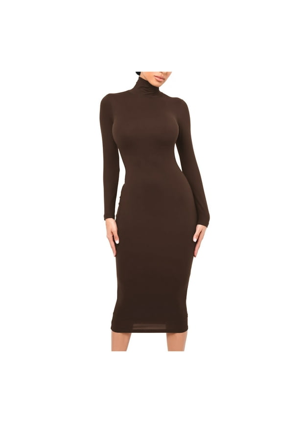 Casual Dresses for Women Fall Soft Long Sleeve Bodycon Dress Turtleneck Midi Club Party Pencil Dresses