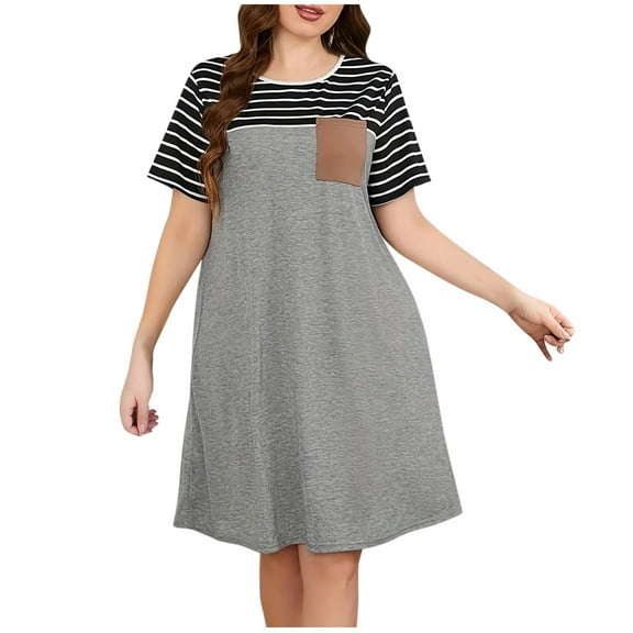 cfhntfmh Casual Dresses for Women Print Patchwork Crewneck Short Sleeve T-Shirts Dresses Pocketed Lounge Plus Size Dress