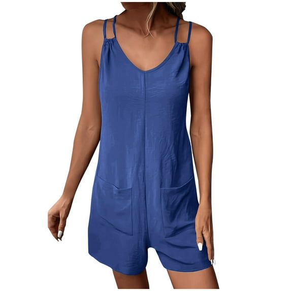cfhntfmh Casual Jumpsuit for Women Fashion Double Spaghetti Strap Scoop Neck Rompers Baggy Pocketed Shorts Outfits