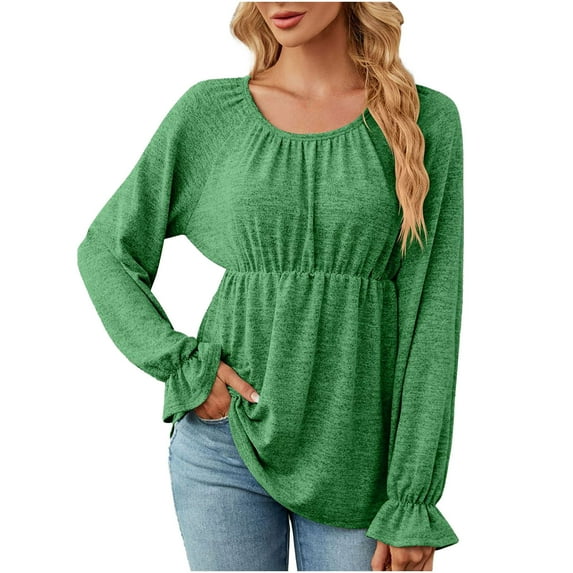 cfhntfmh Casual Shirts for Women Fashion Crewneck Long Sleeve Flowy Dressy Tops Loose Pleated Badydoll Blouses