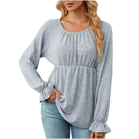cfhntfmh Casual Shirts for Women Fashion Crewneck Long Sleeve Flowy Dressy Tops Loose Pleated Badydoll Blouses