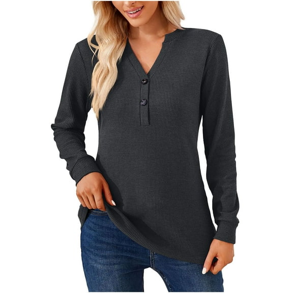 cfhntfmh Casual Shirts for Women Soft V Neck Buttons Knit Pullover Tops Lounge Long Sleeve Solid Color Tunic Blouses