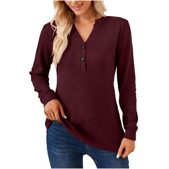 cfhntfmh Casual Shirts for Women Soft V Neck Buttons Knit Pullover Tops Lounge Long Sleeve Solid Color Tunic Blouses