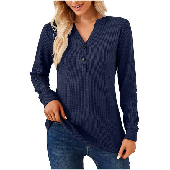 cfhntfmh Casual Shirts for Women Soft V Neck Buttons Knit Pullover Tops Lounge Long Sleeve Solid Color Tunic Blouses