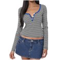 thumbnail image 1 of cfhntfmh Casual Shirts for Women V Neck Buttons Long Sleeve Tunic Tops Slim Lounge Striped Cropped T-Shirts, 1 of 5
