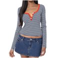 thumbnail image 1 of cfhntfmh Casual Shirts for Women V Neck Buttons Long Sleeve Tunic Tops Slim Lounge Striped Cropped T-Shirts, 1 of 5