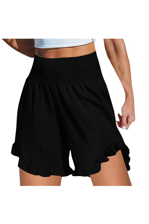 Casual Shorts for Women Flowy Ruffled Hem Shorts High Waist Smocked Summer Lounge Short Beach Pants