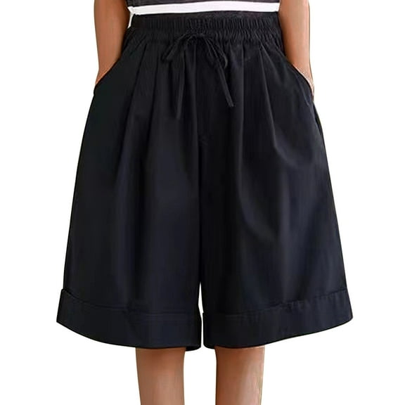 cfhntfmh Casual Shorts for Women Loose Folded Hem Wide Leg Short Pants Pleated Drawstring Shorts
