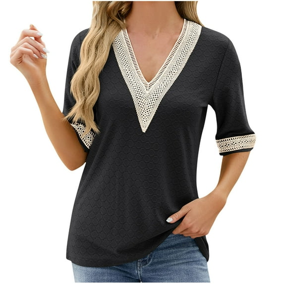 cfhntfmh Casual Tops for Women Half Sleeve Trendy Lace V Neck T-Shirts Hollow out Summer Breathable Shirts