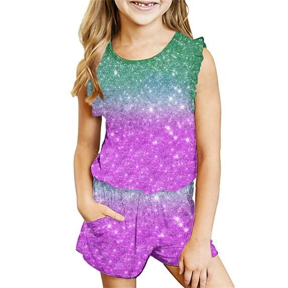 cfhntfmh Children's Girls Sets Casual Print Sleeveless Crewneck Tops Summer Lounge Shorts 2 Piece Fashion Outfits