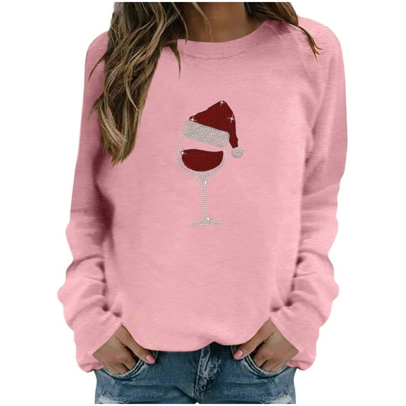 cfhntfmh Christmas Sweatshirts for Women Red Wine Glass Graphic Pullover Comfy Long Sleeve Shirt Crew Neck Pullover Tops
