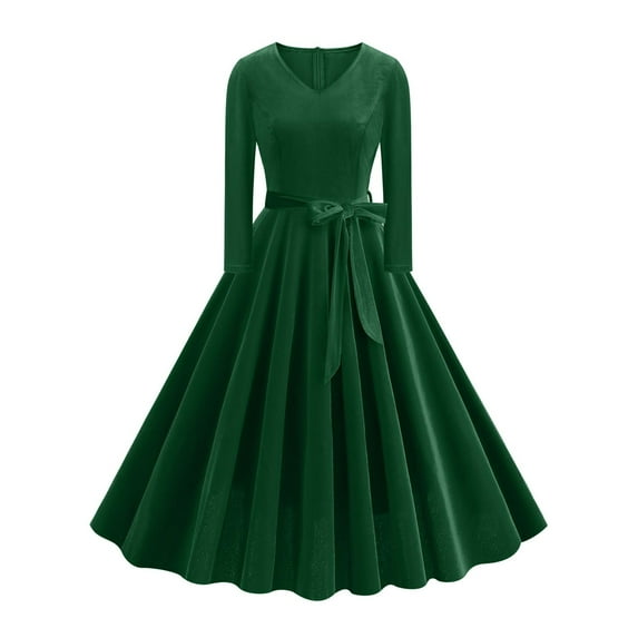 cfhntfmh Cocktail Dresses for Women Velvet 1950s Long Sleeve V Neck Midi Dress Vintage Belted Party Prom A-Line Dress