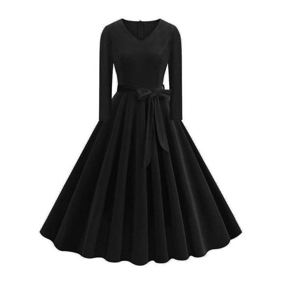 cfhntfmh Cocktail Dresses for Women Velvet Elegant Long Sleeve V Neck A-Line Dress Trendy Bow Knot Belted Party Evening Midi Dress