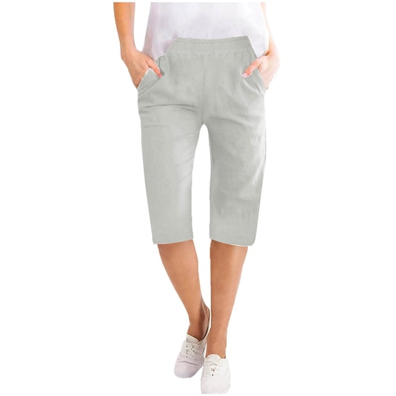 cfhntfmh Cotton Linen Capri Pants for Women Loose Knee Length Wide Leg Lounge Shorts Elastic Waist Casual Summer Beach Shorts